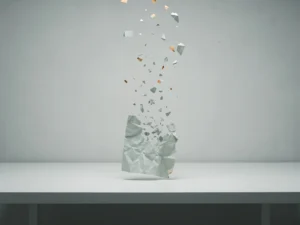 Verfrommeld papier dat uiteenvalt in geometrische fragmenten boven een wit bureau, symbool voor vervliegende kennis, in grijze en zachte tealtinten.