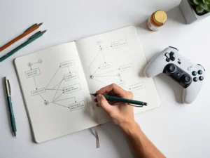 Hand die vertakkende verhaalpaden schetst in notitieboek naast game controller op wit bureau, bovenaanzicht.