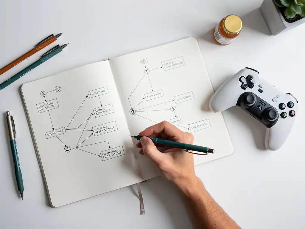 Hand die vertakkende verhaalpaden schetst in notitieboek naast game controller op wit bureau, bovenaanzicht.