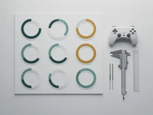 Dashboard met geometrische voortgangsbalken en cirkelvormige ringen naast een gamecontroller en meetgereedschap, in teal en amber tinten.