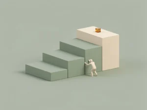 Klein figuurtje dat vier geometrische traptreden beklimt in salie groen en ivoor, symbool voor gestructureerde voortgang.
