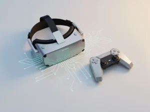 VR-headset en geometrische gamecontroller op wit oppervlak met holografisch blauw-amberkleurig licht en subtiel circuitpatroon.