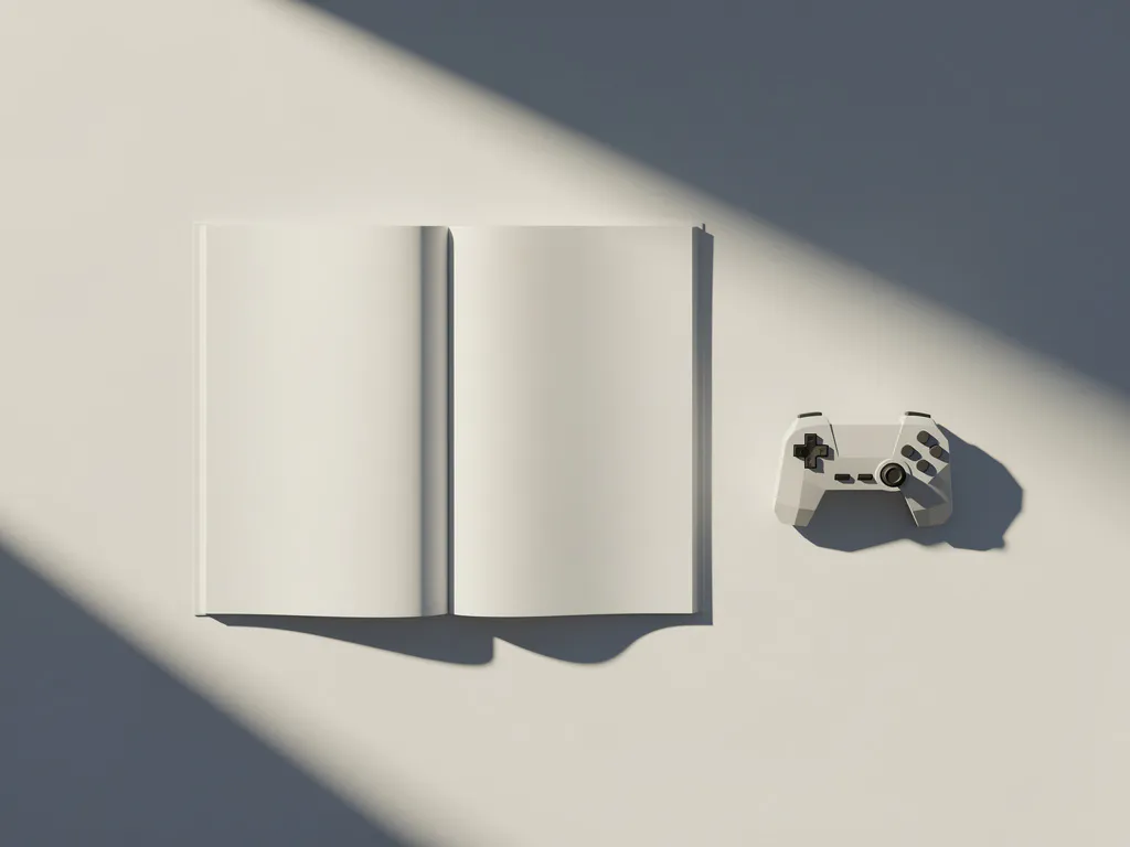 Opengeslagen whitepaper op wit bureau naast een geometrische gamecontroller, minimalistische flatlay in ivoor, leisteen en houtskool tinten.