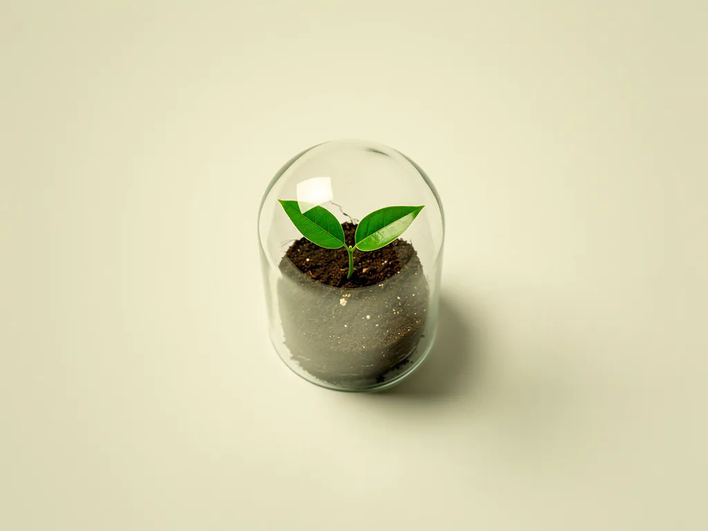 Groen zaailing onder glazen stolp op wit bureau, minimalistische compositie in salie- en ivoortinten.
