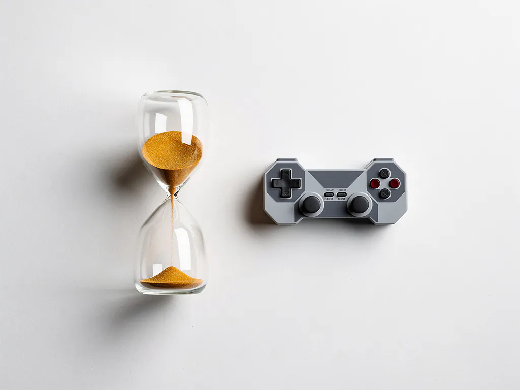 Gouden zandloper half gevuld naast een geometrische gamecontroller op wit oppervlak, minimalistische flatlay met warme amber tinten.