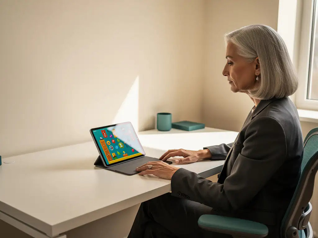 Zilverhairige professional aan wit bureau met tablet waarop kleurrijke game-interface, rustig modern kantoor met zacht natuurlijk licht.