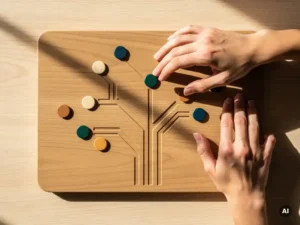 Hand boven vertakkend pad in hout met gekleurde speelstukken op licht eikenhouten bureau, bovenaanzicht.