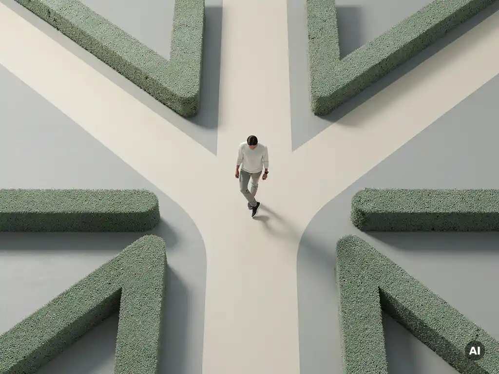 Persoon bevroren mid-stap bij een tweesprong in een minimalistisch pad, omringd door geometrische hagen, bovenaanzicht.