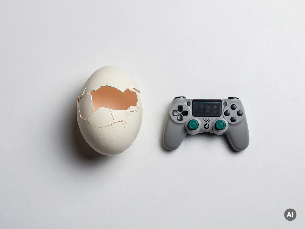 Gebarsten eierschaal naast een kleine digitale gamecontroller op wit oppervlak, bovenaanzicht in zachte crème- en groenblauwetinten.