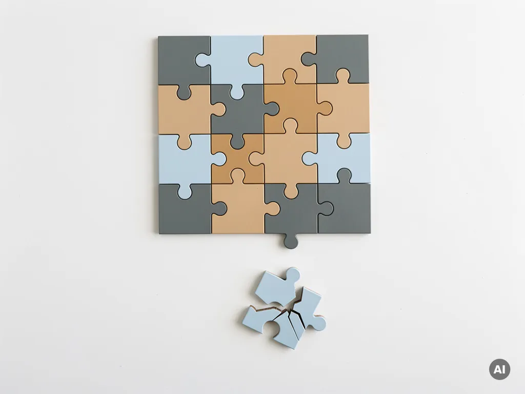 Gebarsten puzzelstuk los van een volledig puzzelbord op een wit bureau, bovenaanzicht met zachte schaduwen en rustige grijsblauwe tinten.