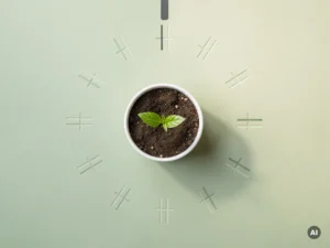 Kleine groene plant in witte pot omringd door krijtstrepen op ivoren ondergrond, symbool voor dagelijkse groeigewoonten.