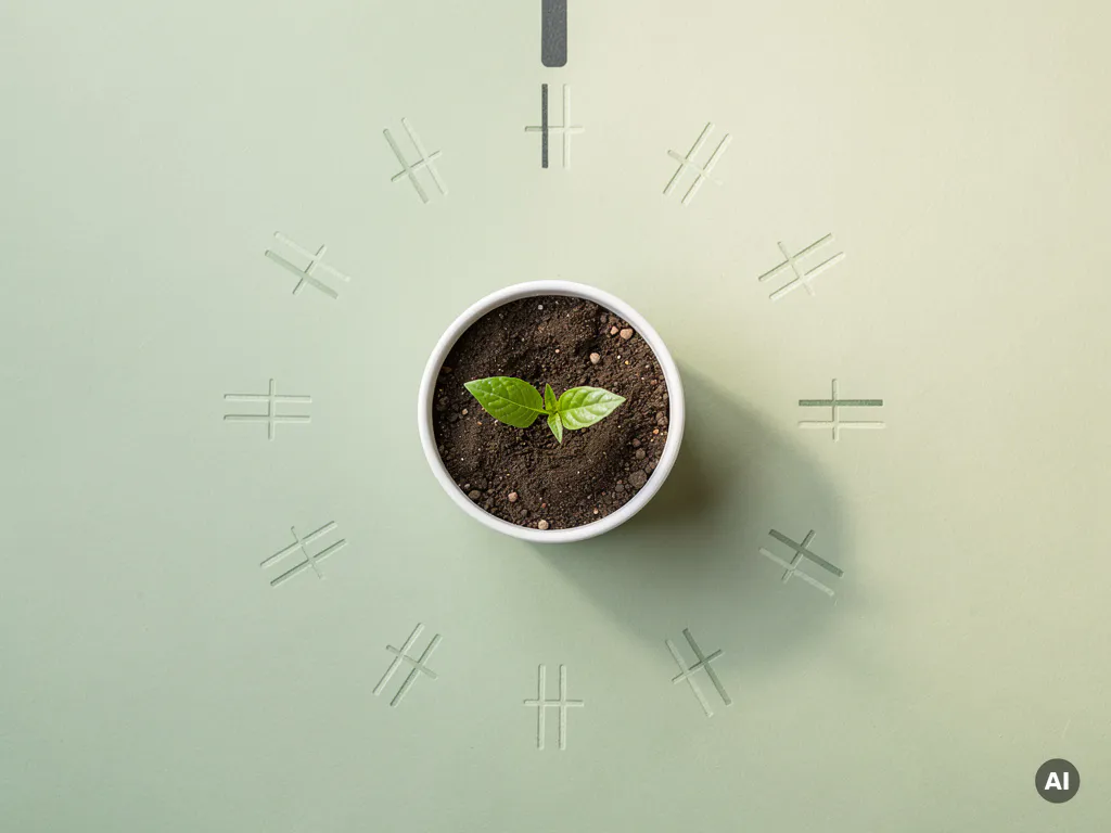Kleine groene plant in witte pot omringd door krijtstrepen op ivoren ondergrond, symbool voor dagelijkse groeigewoonten.