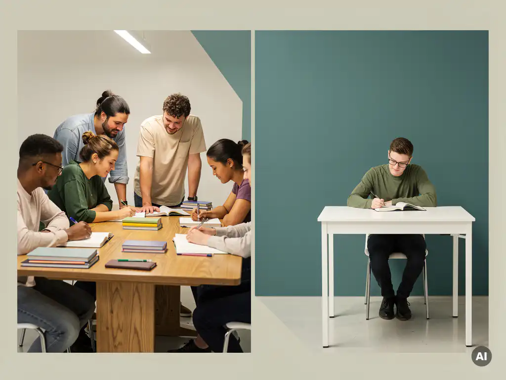 Studenten werken samen aan een houten tafel met notitieboeken, terwijl één student alleen studeert aan een rustig bureau.