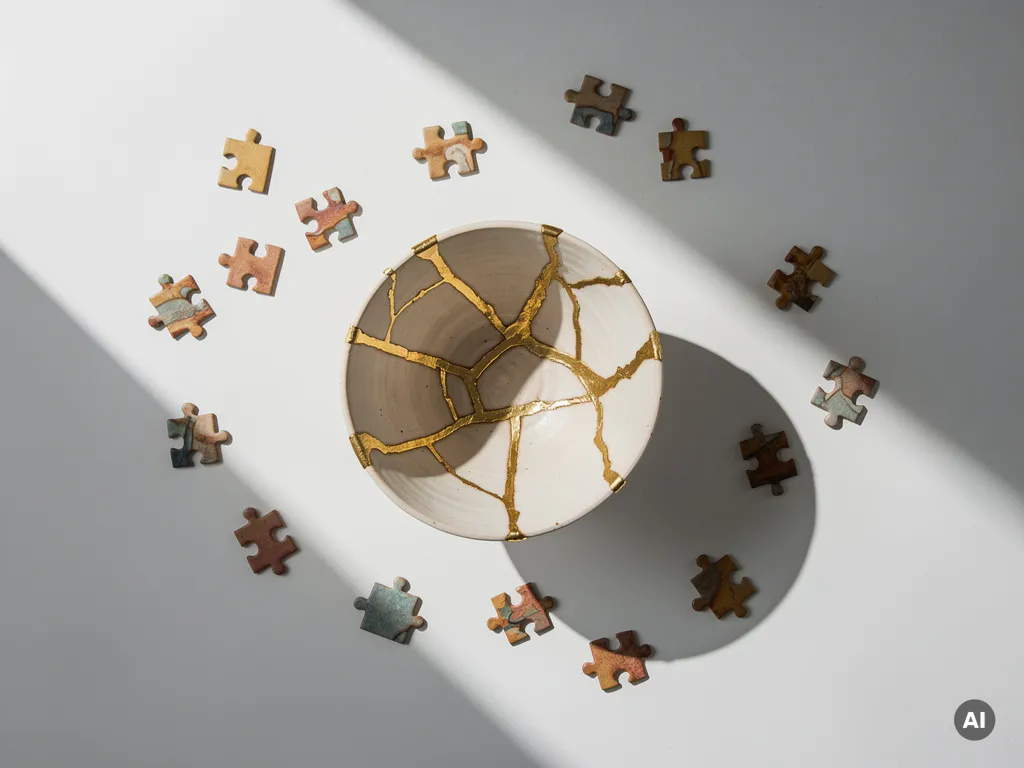 Keramieke kom gerepareerd met gouden kintsugi-techniek naast puzzelstukken op wit oppervlak, bovenaanzicht.