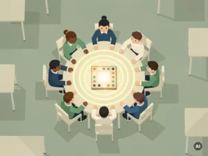 Minimalistische studentenavatars in een cirkel rond een gedeeld spelbord, met een gloeiende keuze die uitwaaiert naar omringende figuren.