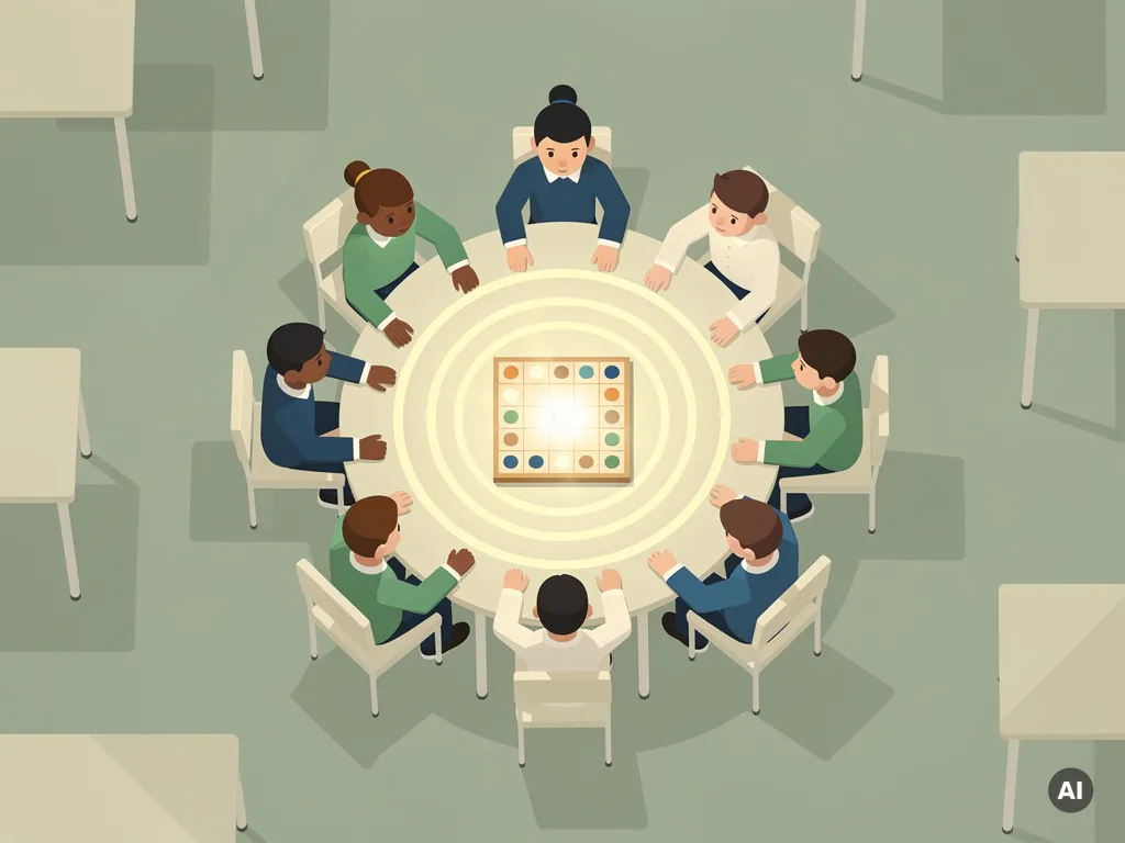 Minimalistische studentenavatars in een cirkel rond een gedeeld spelbord, met een gloeiende keuze die uitwaaiert naar omringende figuren.