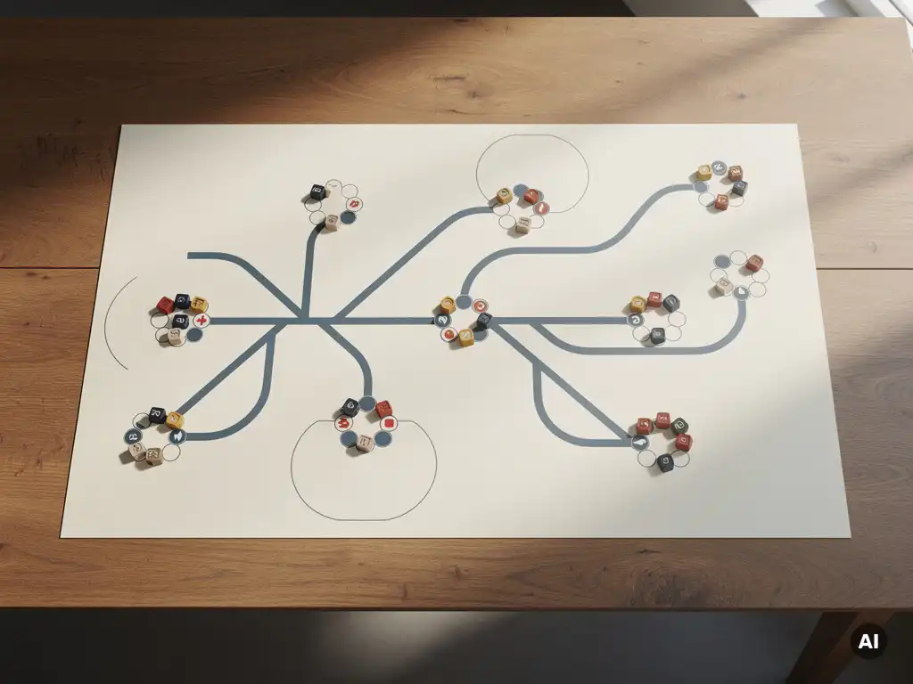 Kleurrijke speelstukken verspreid over een vertakkend spelbord op een eiken tafel, gefotografeerd van bovenaf in warm natuurlijk licht.