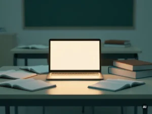 Openstaande laptop op klaslokaalbureau verlicht omliggende notitieboeken, symbool voor digitaal onderwijs bereikbaar voor veel leerlingen.