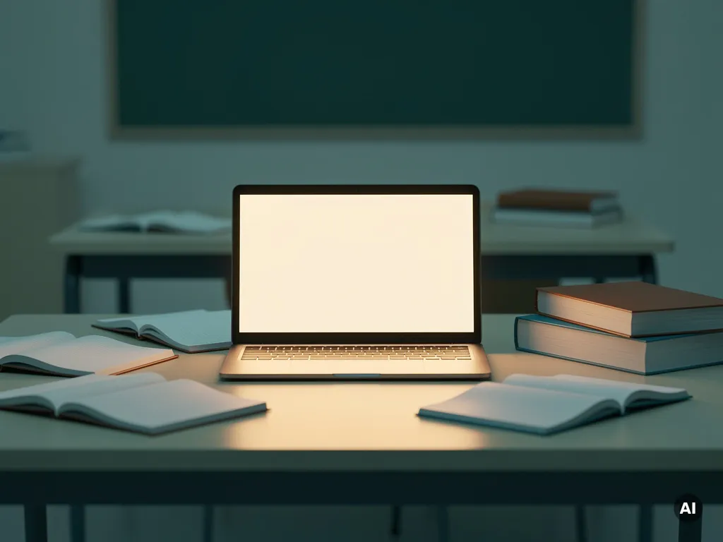 Openstaande laptop op klaslokaalbureau verlicht omliggende notitieboeken, symbool voor digitaal onderwijs bereikbaar voor veel leerlingen.