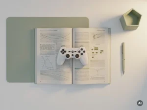 Open academisch leerboek op een bureau met een kleine gamecontroller erop, symbool voor gamification in het onderwijs.