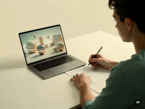 Student aan wit bureau vergelijkt papieren werkblad met simulatieomgeving op laptop, in rustige ivoor en groenblauw tint.