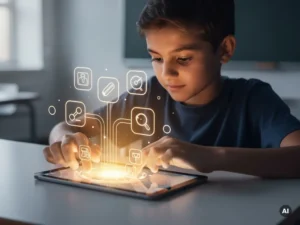 Student speelt educatief spel op tablet met gloeiende geometrische vormen en paden in amber en blauw tinten.