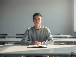 Student zit rechtop aan een leeg klaslokaalbureau met open notitieboek, blik leeg en afwezig, in rustige minimalistische omgeving.
