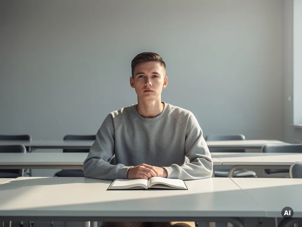 Student zit rechtop aan een leeg klaslokaalbureau met open notitieboek, blik leeg en afwezig, in rustige minimalistische omgeving.