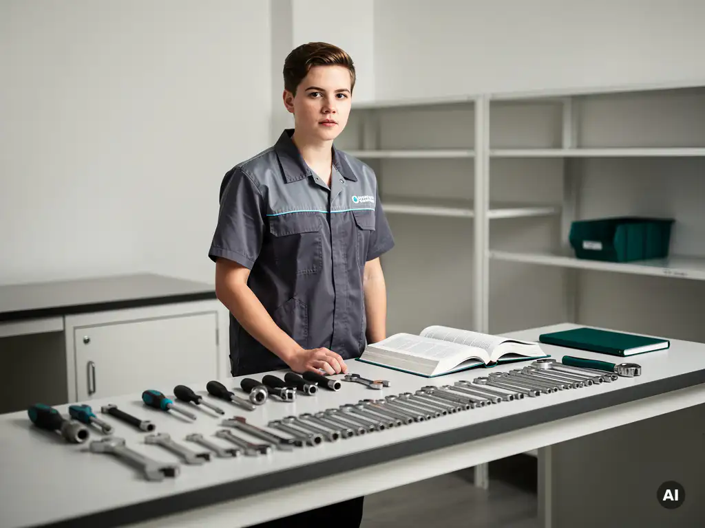 Student in vakgerichte kleding bij een werkbank met open leerboeken naast ongebruikte gereedschappen, symboliseert kloof tussen theorie en praktijk.
