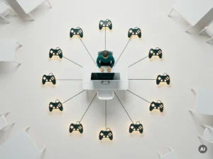 Leraar omringd door twintig gloeiende game-controller iconen in radiaal patroon, verbonden met centraal digitaal dashboard in klaslokaal.
