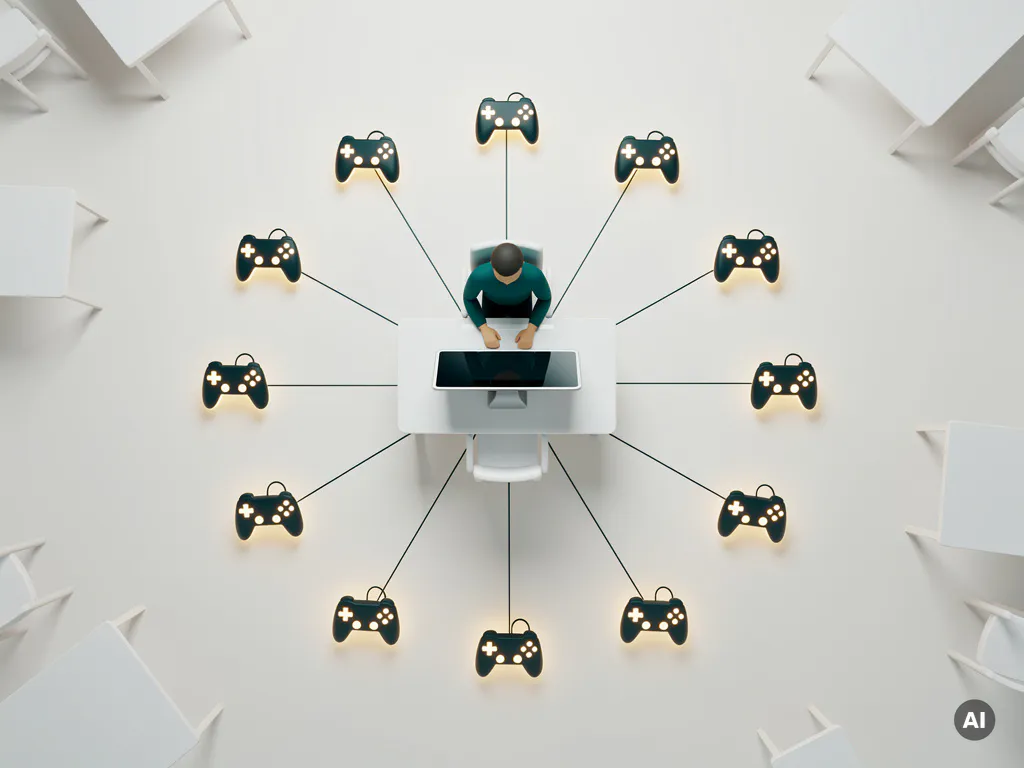 Leraar omringd door twintig gloeiende game-controller iconen in radiaal patroon, verbonden met centraal digitaal dashboard in klaslokaal.