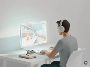 Student met koptelefoon aan minimalistisch bureau, verdiept in een gesimuleerd leerscenario op een gloeiend scherm, game-controller naast notitieboek.