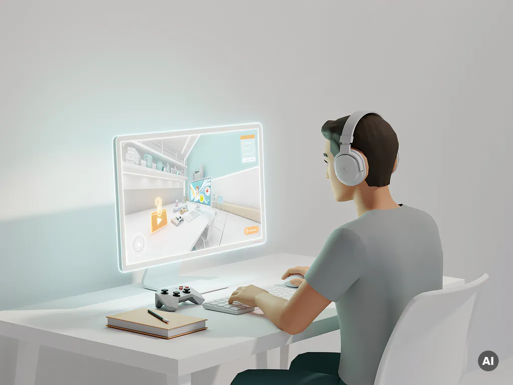 Student met koptelefoon aan minimalistisch bureau, verdiept in een gesimuleerd leerscenario op een gloeiend scherm, game-controller naast notitieboek.