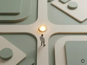 Jonge professional op een vertakkend pad in een minimalistische digitale spelomgeving met salie, ivoor en amber tinten.