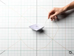 Leraarhand laat een klein papieren bootje los op een geometrisch raster, verbonden door een dunne draad, minimalistische compositie in teal en zandtinten.
