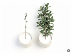 Twee keramische potten met een spaarzame en een weelderige plantensteengel, die groei door de tijd illustreren.