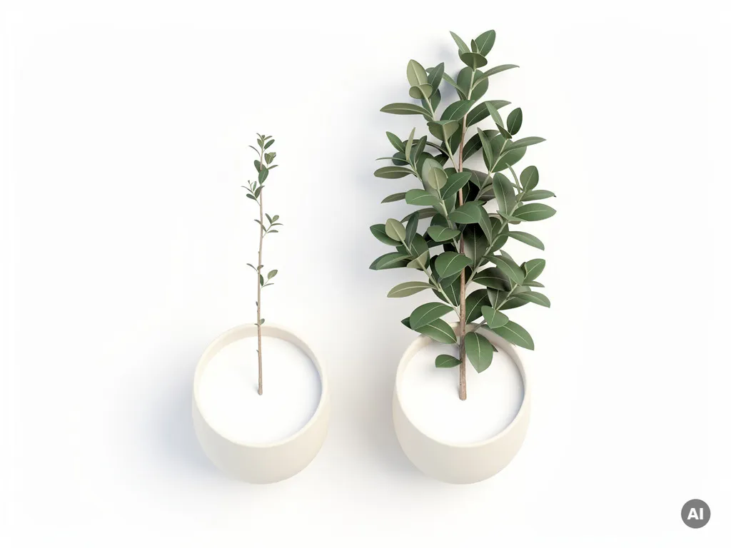Twee keramische potten met een spaarzame en een weelderige plantensteengel, die groei door de tijd illustreren.