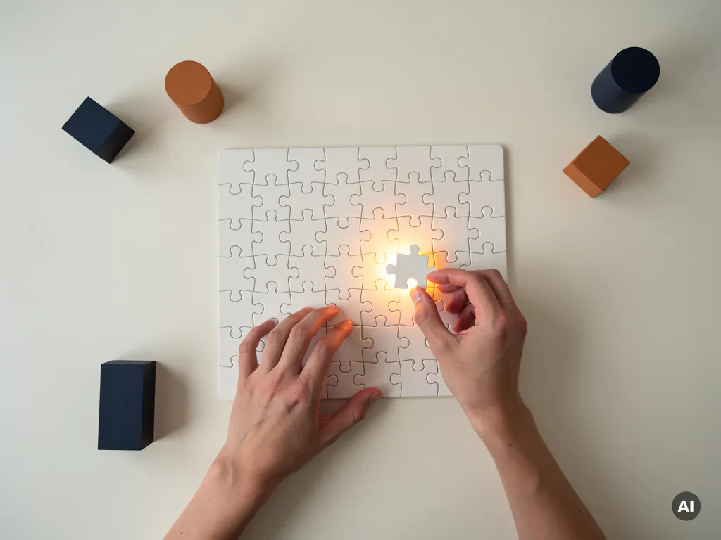 Studentenhanden die het laatste puzzelstukje op een bijna voltooid bord plaatsen, zacht verlicht in warm amber op een wit bureau.
