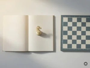 Schaakpaard op een opengeslagen studieboek naast een leeg schaakbord, minimalistische bovenaanzicht in ivoor- en leisteentinten.