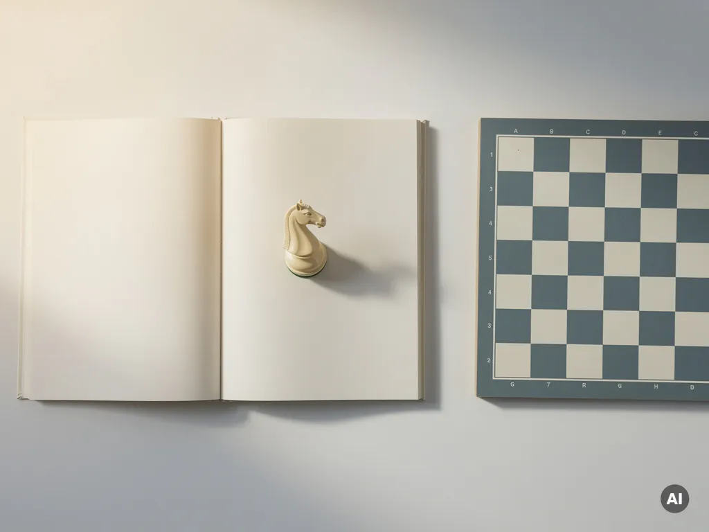 Schaakpaard op een opengeslagen studieboek naast een leeg schaakbord, minimalistische bovenaanzicht in ivoor- en leisteentinten.