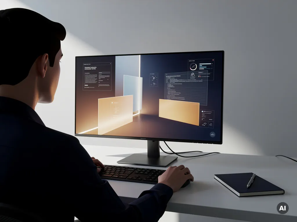 Student navigating a virtual workplace simulation on a monitor, calm minimal desk with notebook, navy and amber tones.