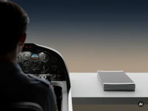 Studentpiloot in vluchtsimulatorcockpit met ongebruikte trainingshandleidingen op wit oppervlak ernaast.