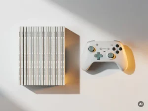 Gamecontroller op wit bureau naast gestapelde studieboeken in vlakke bovenaanzicht met amber en groene tinten.