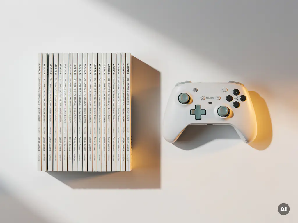 Gamecontroller op wit bureau naast gestapelde studieboeken in vlakke bovenaanzicht met amber en groene tinten.