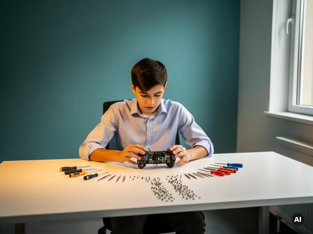 Student in werkkleding pauzeert aan wit bureau met gereedschap en gamecontroller, zachte teal en amber tinten.
