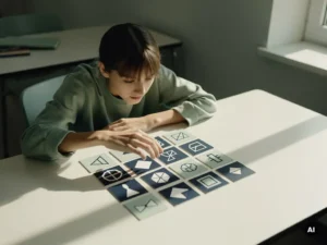 Student buigt zich over een bureau met geometrische beslissingskaarten in een rustgevende klasomgeving met salie groen en marineblauw.