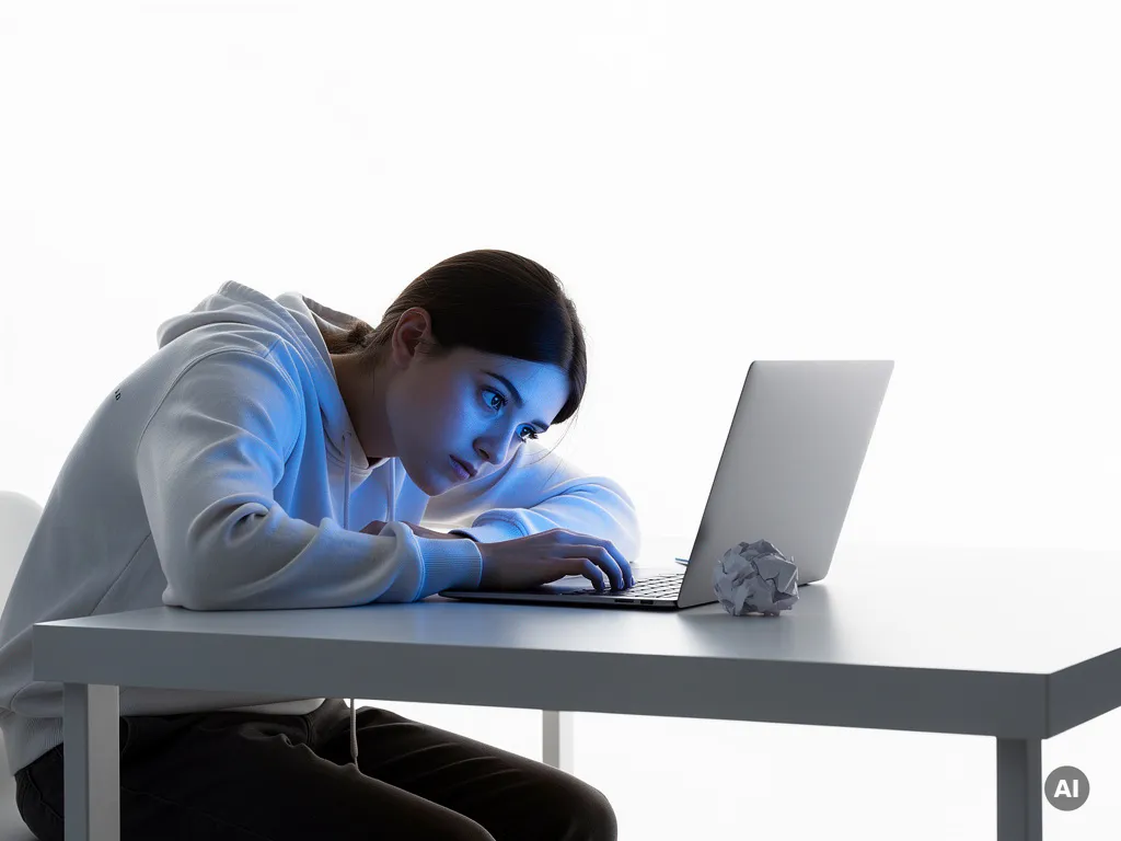 Student slumpt over minimalistisch wit bureau, verlicht door koud blauw laptopscherm, verfrommeld papier naast toetsenbord.