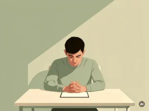 Student zit alleen aan een lege bureau met gevouwen handen en neergeslagen ogen, uitdrukkend aarzeling en stille kwetsbaarheid.