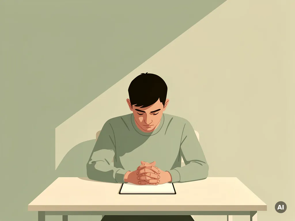 Student zit alleen aan een lege bureau met gevouwen handen en neergeslagen ogen, uitdrukkend aarzeling en stille kwetsbaarheid.