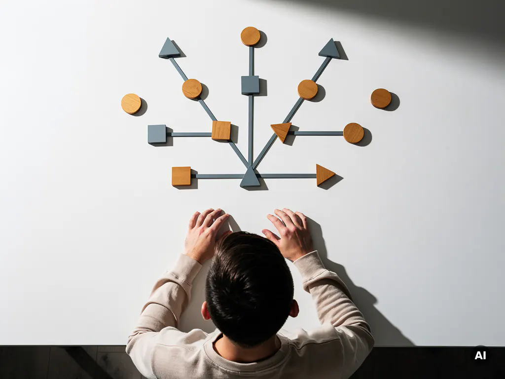 Student aan minimalistisch bureau met houten beslissingsknooppunten in vertakkend patroon, bovenaanzicht in amber en leisteen tinten.